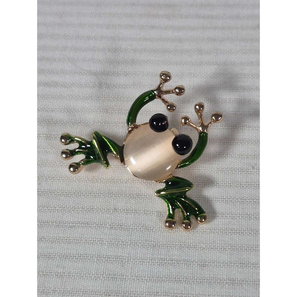 Green Enamel Frog Brooch Gold Tone Cats Eye Stone Animal Pin Whimsical Jewelry